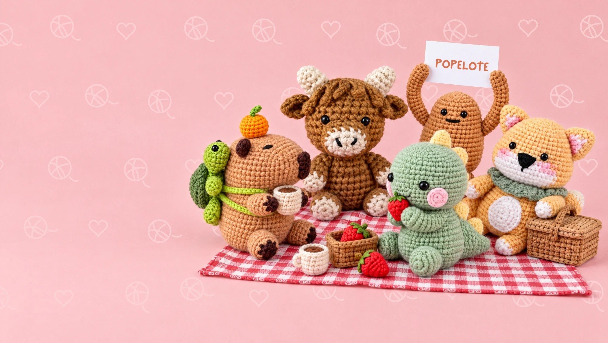 Popelote amigurumis having a picnic: capybara, Highland cow, potato, dino and shiba