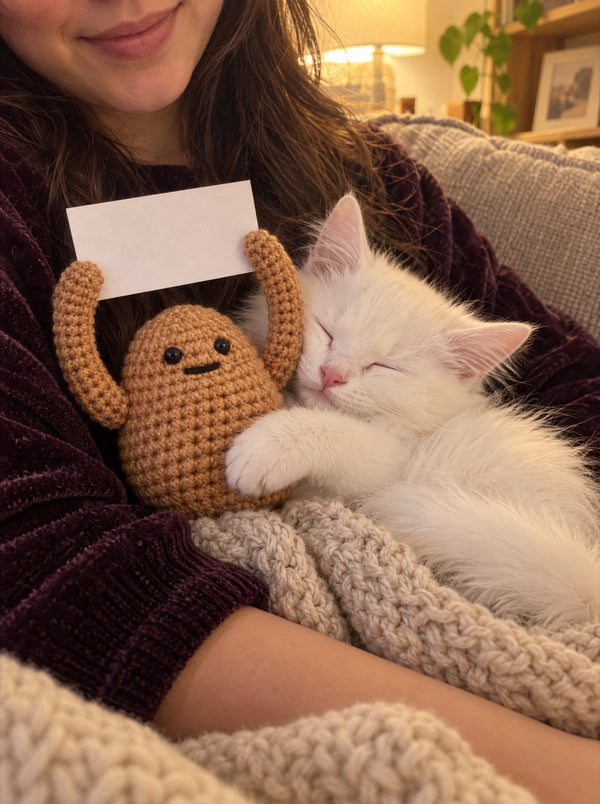 Crocheted potato holding a sign next to a sleeping white kitten