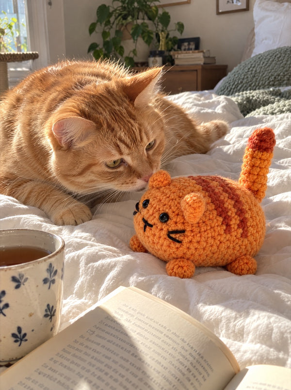 Crocheted ginger cat facing a real ginger cat on a bed