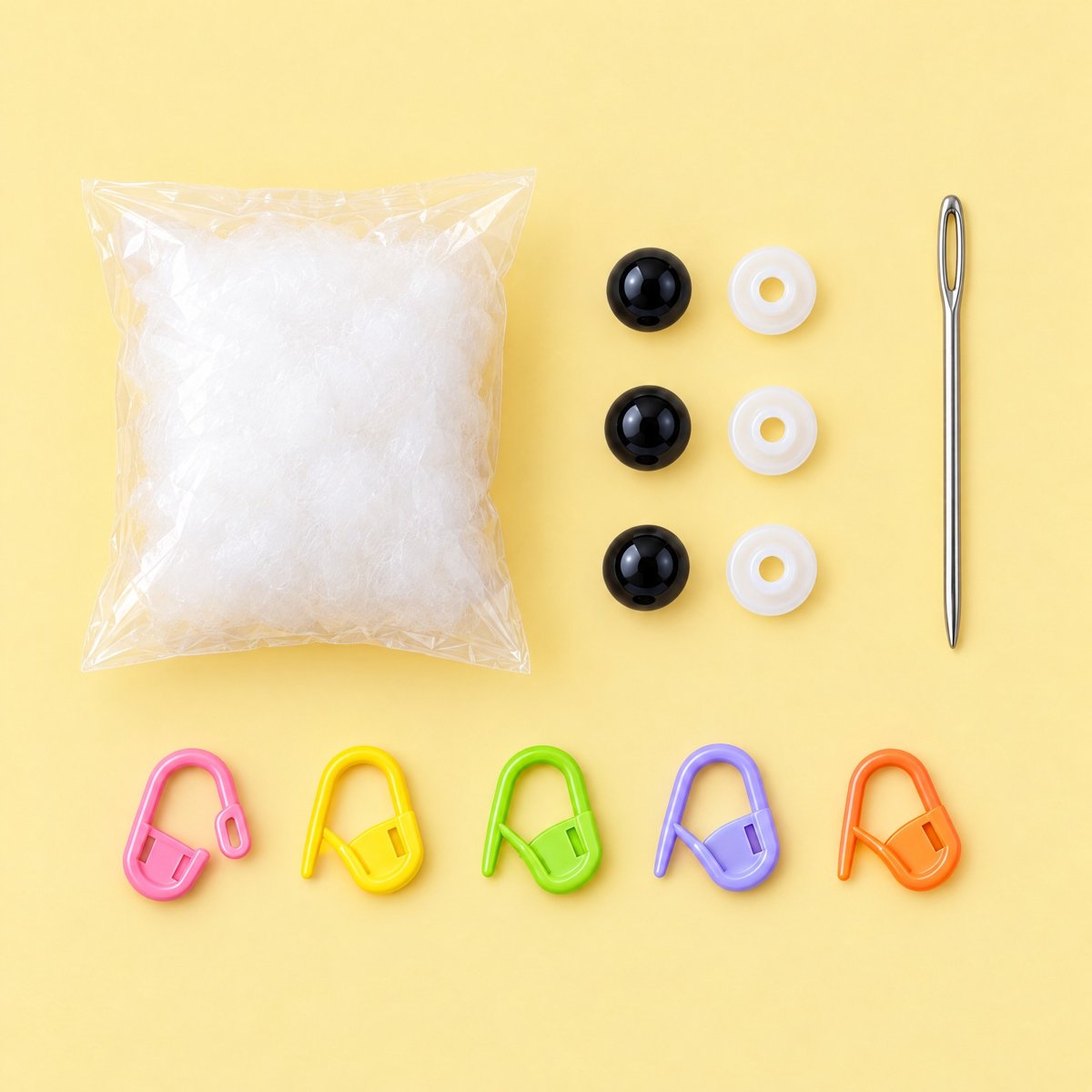 Stuffing, safety eyes, needle and stitch markers