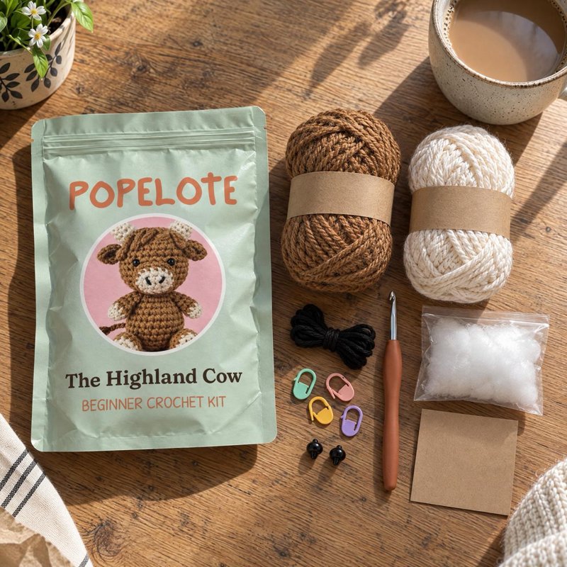 The kit contents on a table: pouch, yarn, hook, eyes, stuffing, QR card