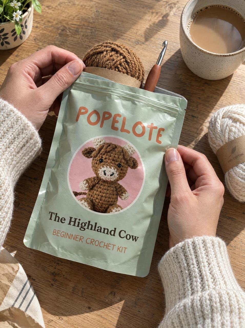 Hands opening the Popelote Highland cow kit pouch